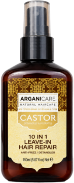 ARGANICARE Castor 10-in-1 leave-in hair repair spray 150ml, brązowa butelka z pompką, złoto-beżowa etykieta.