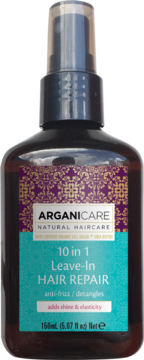 Arganicare 10 in 1 Leave-In Hair Repair w ciemnobrązowej butelce ze sprayem, z przodu widać fioletowo-turkusową etykietę.