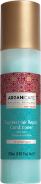 Arganicare Express Hair Repair Conditioner, turkusowa butelka z złotą nakrętką i wzorem, widok z przodu.