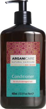 Arganicare Conditioner 400ml w ciemnej butelce z pompką, etykieta teal/fiolet, do włosów suchych, widok z przodu.