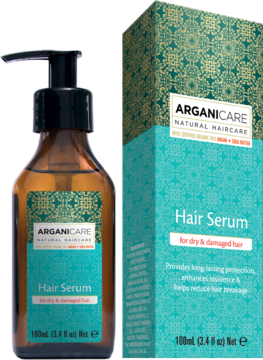Arganicare Hair Serum do włosów suchych i zniszczonych: brązowa butelka i pudełko tealowe, widok z przodu.