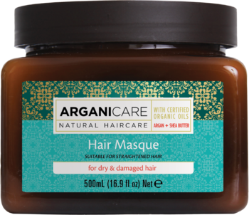 Arganicare Hair Masque for dry & damaged hair in a brown jar with green and gold label, frontal view.