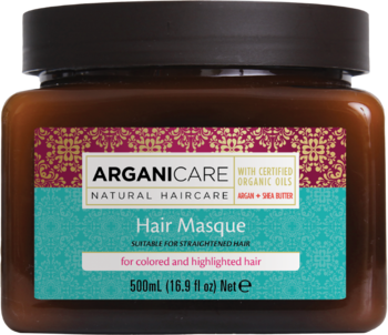 Arganicare Hair Masque w ciemnobrązowym słoiku z czarną zakrętką, widok z przodu. Etykieta z napisem 'for colored and highlighted hair'.
