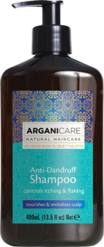 Arganicare Anti-Dandruff Shampoo w brązowej butelce z czarną pompką, widok z przodu, z turkusową etykietą.
