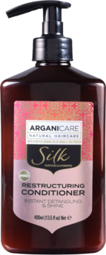 Odżywka Arganicare Silk, ciemna butelka z pompką, detangling & połysk, różowo-złota etykieta, przód.