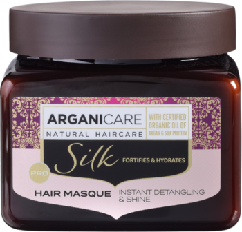 Arganicare Silk Hair Masque, brązowy słoik z fioletowo-różową etykietą, widok z przodu, do nawilżania i blasku.