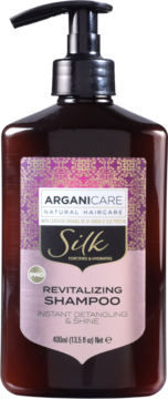 Arganicare Silk szampon rewitalizujący w brązowej butelce 400ml z pompką, widok z przodu, etykieta z fioletowym wzorem.