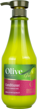 Odżywka Frulatte Olive do włosów suchych, zielona butelka 800ml z różową etykietą, widok z przodu.