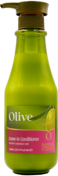Frulatte Olive odżywka bez spłukiwania w zielonej butelce z pompką, widok z przodu, różowa etykieta.