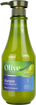 Zielony szampon Olive Heaven do włosów suchych i zniszczonych w butelce z pompką, widok z przodu.