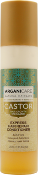Arganicare Castor Hair Growth Stimulator Express Hair Repair Conditioner, cream bottle, gold cap, front view.
