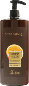 Frulatte Vitamin C Fiber Fortifying Conditioner 750ml, brązowa butelka z pompką, widok z przodu, etykieta z pomarańczą.