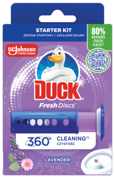 Fioletowe opakowanie Duck Fresh Discs Lavender Starter Kit do WC. Widok z przodu, z żelem do czyszczenia 360°.