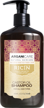 Ciemna butelka szamponu Arganicare Castor Oil, stymulator wzrostu, z pompką, widok z przodu.