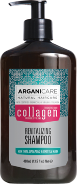 Arganicare Revitalizing Shampoo z kolagenem w ciemnej butelce z pompką, widok z przodu. Dla włosów cienkich, zniszczonych.