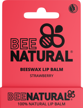 Czerwony balsam Bee Natural Beeswax Strawberry w opakowaniu kartonowym, przód, czarne napisy.