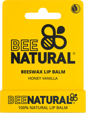 Żółte opakowanie balsamu do ust Bee Natural Beeswax Honey Vanilla, widok z przodu, czarny napis i logo.