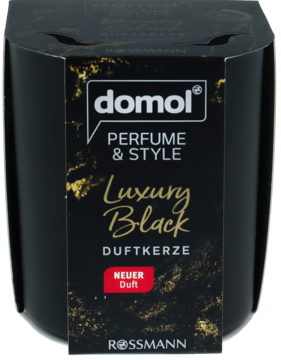 Świeca Domol Luxury Black, perfumowana, o zapachu piżma, w czarnym szkle ze złotymi akcentami, widok z przodu.