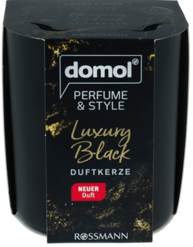 Świeca Domol Luxury Black, perfumowana, o zapachu piżma, w czarnym szkle ze złotymi akcentami, widok z przodu.