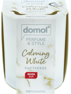 Biała świeca Domol Calming White w heksagonalnym pudełku z marmurowym wzorem, widok z przodu.