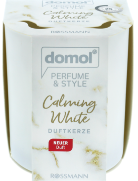 Biała świeca Domol Calming White w heksagonalnym pudełku z marmurowym wzorem, widok z przodu.