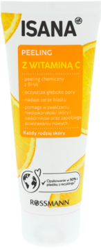 Isana Peeling z Witaminą C i BHA w białej tubce z pomarańczowymi motywami cytrusów, widok z przodu.