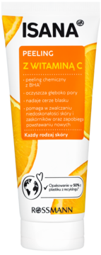 ISANA Peeling z Witaminą C, chemiczny z BHA, w białej tubce z grafiką pomarańczy, widok z przodu.