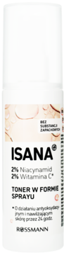 ISANA Toner w sprayu z 2% Niacynamidem i Witaminą C, biała butelka z kroplami wody, widok z przodu.