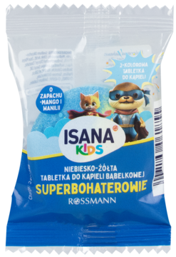 Przezroczysta saszetka Isana Kids Superbohaterowie z niebiesko-żółtą tabletką do kąpieli o zapachu mango.