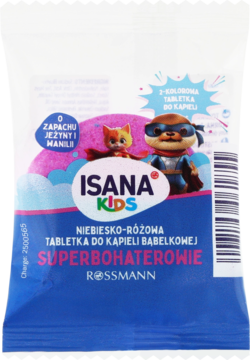 Isana Kids Superbohaterowie niebiesko-różowa tabletka do kąpieli bąbelkowej, saszetka, zapach jeżyn i wanilii.