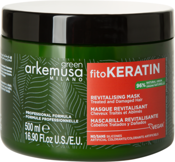 ArkeMusa Green FitoKERATIN maska rewitalizująca do włosów zniszczonych, zielony słoik, widok z przodu.