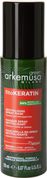 Arkemusa FitoKERATIN Rewitalizująca Maska w Sprayu do włosów zniszczonych, zielona butelka, widok z przodu.