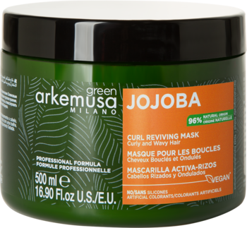 Zielona maska do włosów Arkemusa Jojoba, 500ml, do loków, z czarną nakrętką i pomarańczowym akcentem.