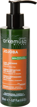 Zielony krem arkemusa Jojoba do definiowania loków, z czarnym dozownikiem, front, pomarańczowa etykieta.