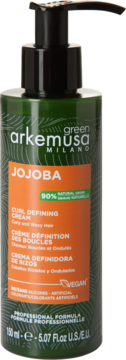 Zielony krem arkemusa Jojoba do definiowania loków, z czarnym dozownikiem, front, pomarańczowa etykieta.