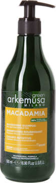 Szampon ArkeMusa Green Macadamia 500ml w ciemnozielonej butelce z pompką, do włosów suchych, widok z przodu.