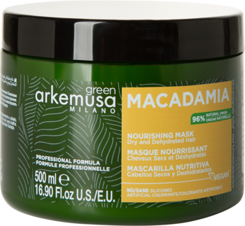 Zielona maska ArkeMusa Macadamia do włosów suchych, 500ml. Okrągły słoik z czarną nakrętką, widok z przodu.