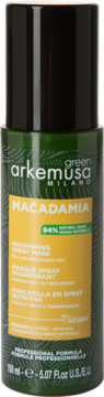 Arkemusa Green Macadamia Nourishing Spray Mask do suchych włosów, zielona butelka z żółtą etykietą, widok z przodu.
