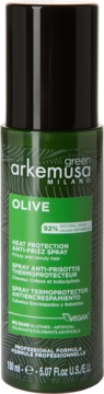 Arkemusa Green Olive spray ochronny przeciw puszeniu w ciemnozielonej butelce z czarną nakrętką, widok z przodu.