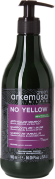 Arkemusa Milano No Yellow szampon 500ml, w zielonej butelce z fioletową etykietą i pompką, widok z przodu.