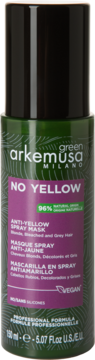 Arkemusa No Yellow Spray Mask w ciemnozielonej butelce z purpurową etykietą, do włosów blond, widok z przodu.