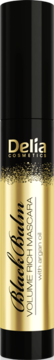Delia Black Balm Volume Rich Mascara w czarnej tubce ze złotą etykietą, widok z przodu, pionowo.