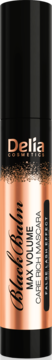Delia Black Balm Max Volume Mascara, czarna tubka z miedzianym panelem, widok z przodu, efekt sztucznych rzęs.