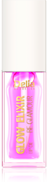 Różowy olejek Delia Glow Elixir Lip Oil Be Glamour w butelce z białą nakrętką, złote napisy, widok z przodu.