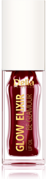 Delia Glow Elixir Lip Oil Be Glamour, rubinowa butelka z białym korkiem i złotymi napisami, widok z przodu.