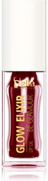 Delia Glow Elixir Lip Oil Be Glamour, rubinowa butelka z białym korkiem i złotymi napisami, widok z przodu.