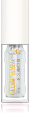 Delia Glow Elixir Lip Oil Be Glamour, nawilżający olejek w opalizującej butelce ze złotym tekstem, widok z przodu.