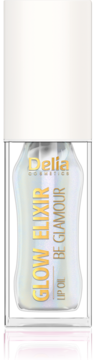 Delia Glow Elixir Lip Oil Be Glamour, nawilżający olejek w opalizującej butelce ze złotym tekstem, widok z przodu.