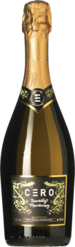 Butelka CERO Sparkling Chardonnay, ciemne szkło, złota folia, czarna etykieta z zielonymi wzorami, widok z przodu.