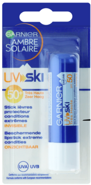 Garnier Ambre Solaire UV Ski sztyft ochronny SPF 50+ do ust w niebieskim blistrze, widok z przodu.